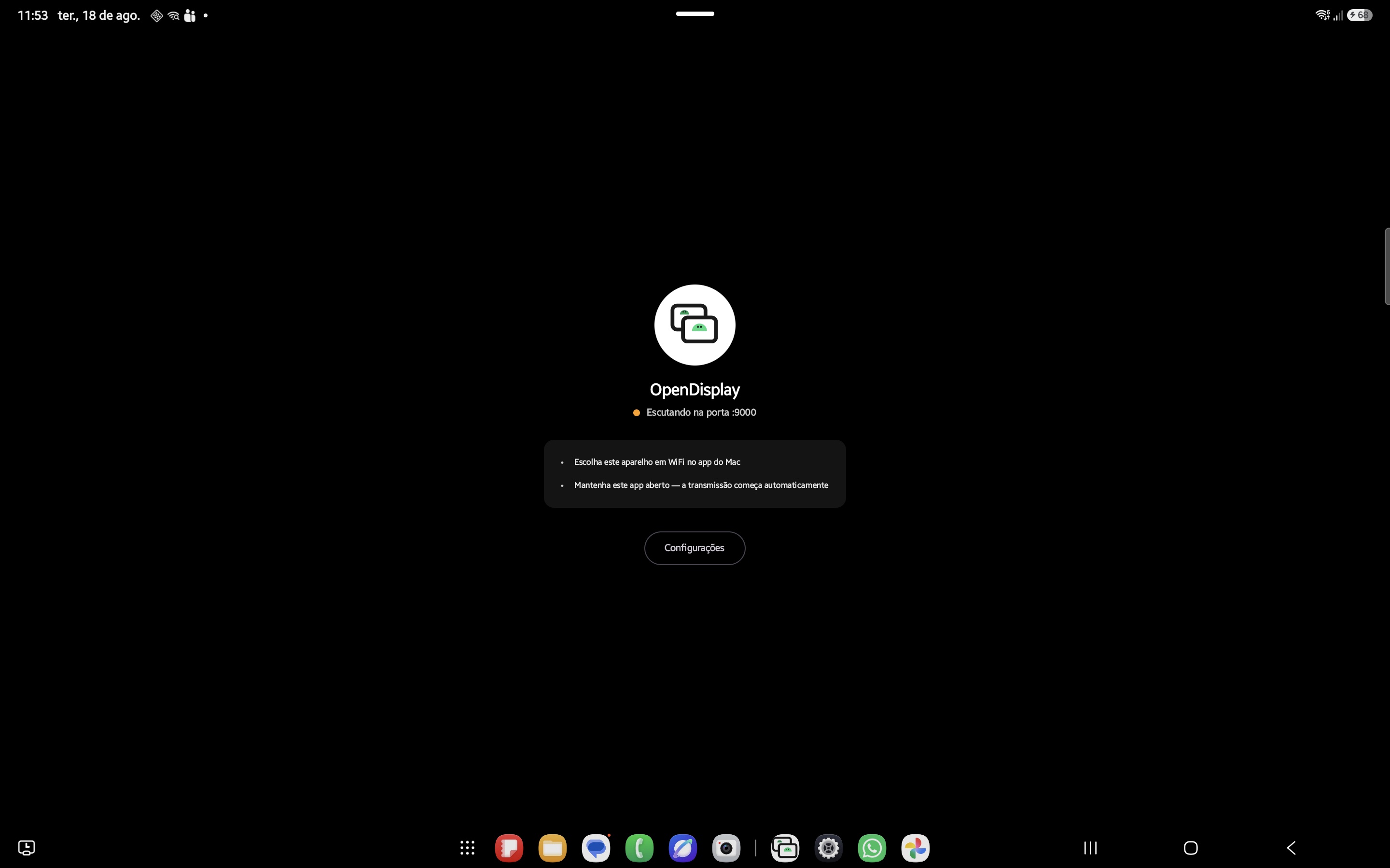OpenDisplay Android app home screen, listening on port 9000 and waiting for the Mac to connect