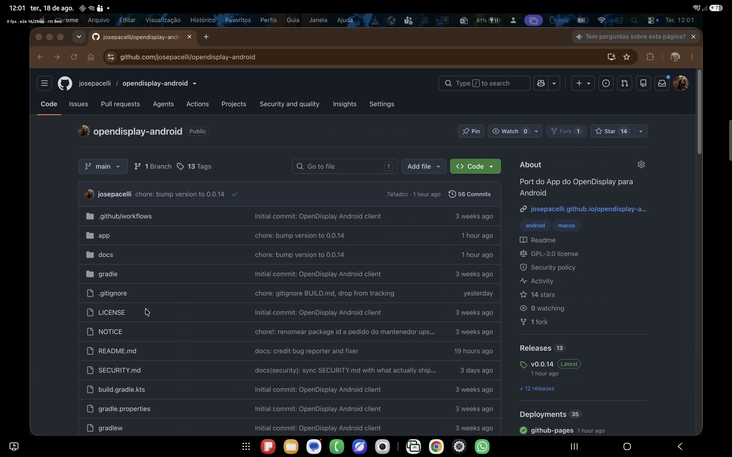 OpenDisplay Android app mirroring the Mac's screen, showing this project's own GitHub repository in a browser