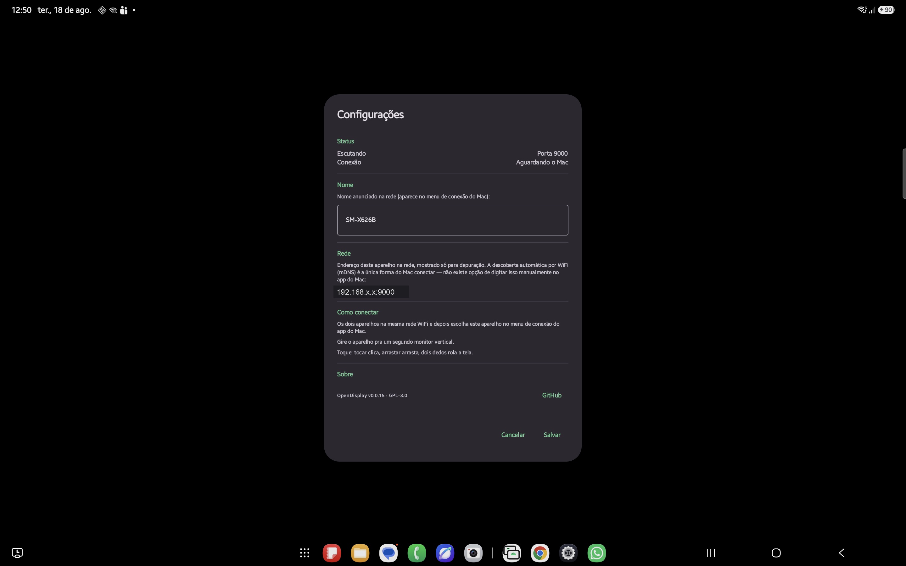 OpenDisplay Android app settings dialog showing status, the mDNS-advertised device name, and this device's address for troubleshooting
