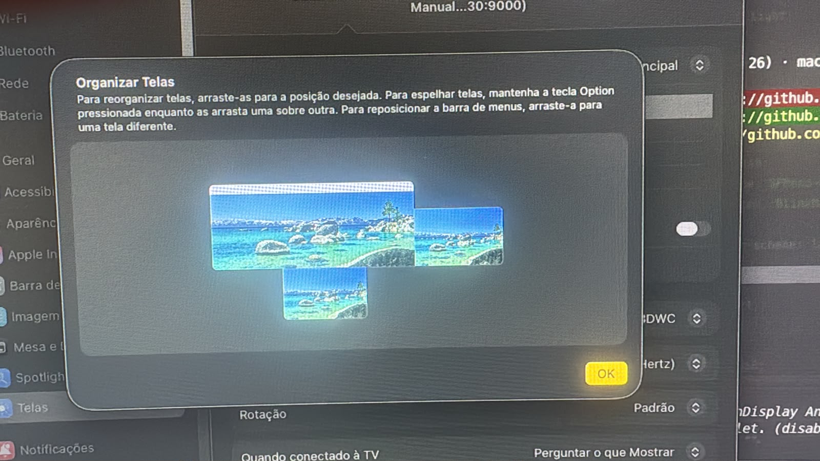 macOS Displays settings showing the Arrange Displays dialog with the Android tablet listed as a third screen